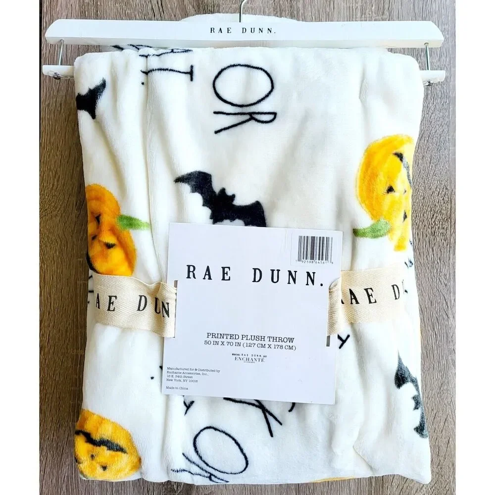 NWT Rae Dunn Trick Or Treat Plush Throw Halloween Bat Pumpkin Blanket 50×70